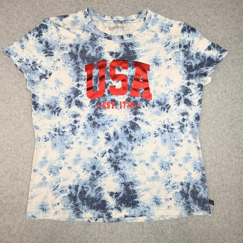 Lincoln Outfitters Womens USA EST 1776 Tie Dye Graphic T-Shirt Blue Red Large
